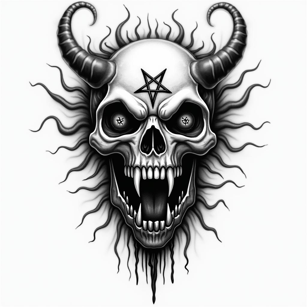 Pussy bloodcreepy horror tattoo style, featuring an eerie and unsettling skull of a demonic creature, distorted face with sharp fangs, add pentagram symbol