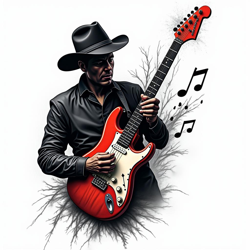 Here is a more concise prompt:

"Design of a modern blues tattoo with an electric guitar as the central element. Dark and mysterious style, with elements that evoke the emotion and passion of blues. Realism or neo-traditional, dark colors and deep shadows. Can you suggest some ideas and sketches?

- "Electric guitar
- "Musical notes escaping from the strings"
- "Style Stevie Ray Vaughan"in pop art style tattoo, featuring bold and vibrant colors, exaggerated outlines, iconic imagery, inspired by comic books and speech bubbles, comic book characters, retro pop culture - Variation 4