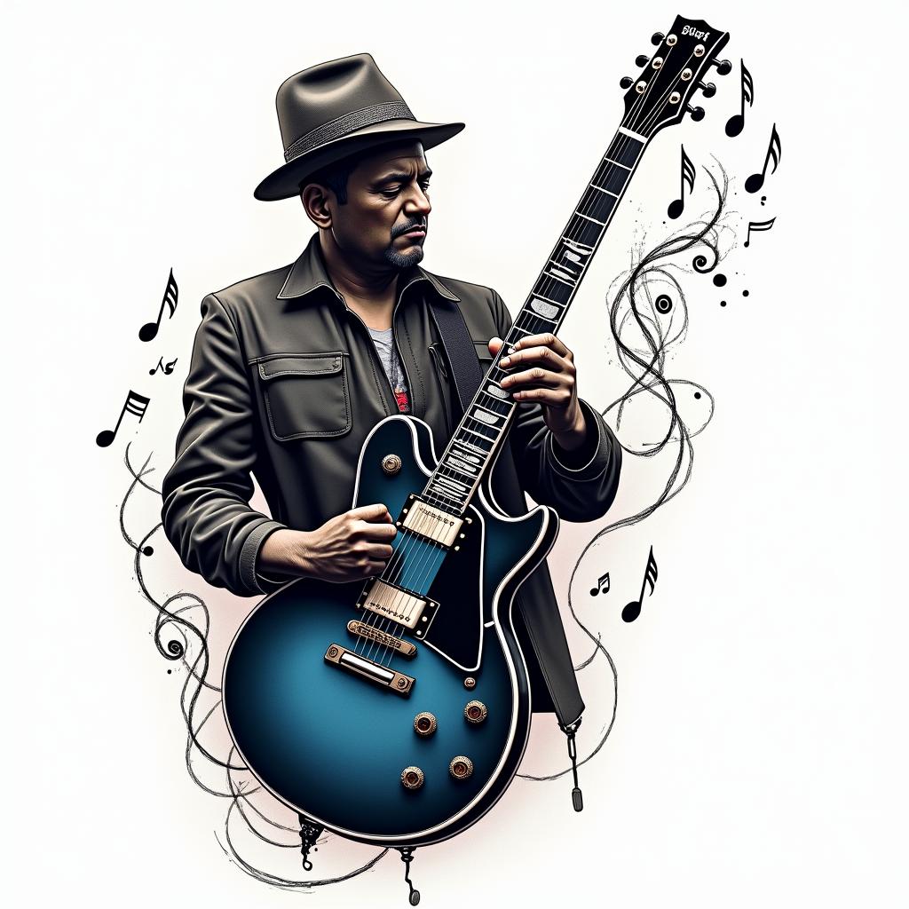 Here is a more concise prompt:

"Design of a modern blues tattoo with an electric guitar as the central element. Dark and mysterious style, with elements that evoke the emotion and passion of blues. Realism or neo-traditional, dark colors and deep shadows. Can you suggest some ideas and sketches?

- "Electric guitar
- "Musical notes escaping from the strings"
- "Style Stevie Ray Vaughan"in pop art style tattoo, featuring bold and vibrant colors, exaggerated outlines, iconic imagery, inspired by comic books and speech bubbles, comic book characters, retro pop culture - Variation 3