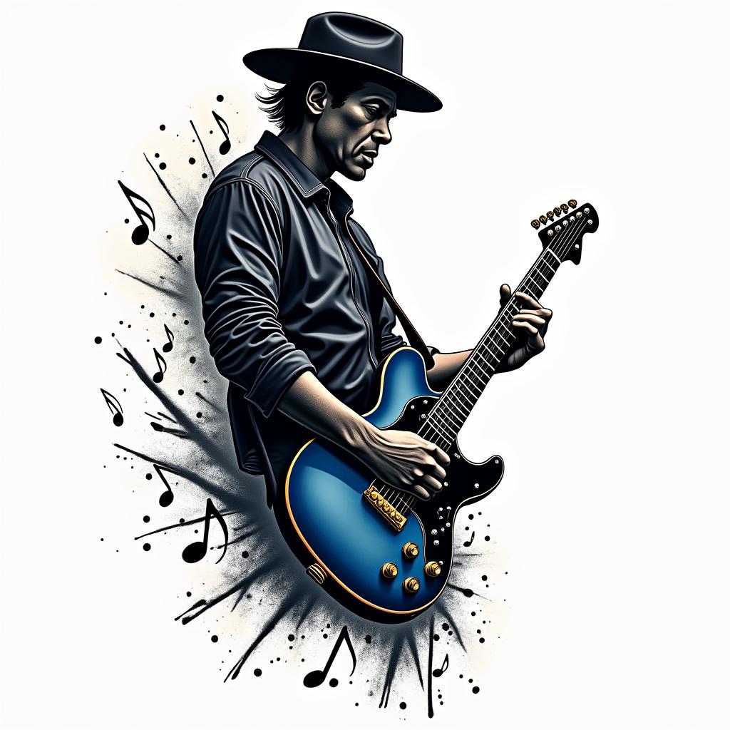 Here is a more concise prompt:

"Design of a modern blues tattoo with an electric guitar as the central element. Dark and mysterious style, with elements that evoke the emotion and passion of blues. Realism or neo-traditional, dark colors and deep shadows. Can you suggest some ideas and sketches?

- "Electric guitar
- "Musical notes escaping from the strings"
- "Style Stevie Ray Vaughan"in pop art style tattoo, featuring bold and vibrant colors, exaggerated outlines, iconic imagery, inspired by comic books and speech bubbles, comic book characters, retro pop culture - Variation 2