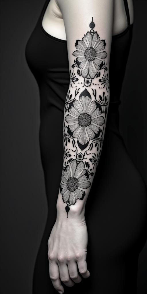 symbolic for a mother of 3, courage, family womanin ornamental tattoo style, featuring intricate symmetrical patterns and floral designs, showcasing highly detailed line work and geometric shapes, creating a sense of elegance and balance - Variation 1