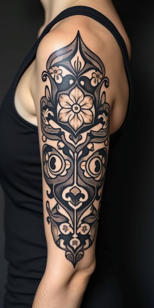 symbolic for a mother of 3, courage, family womanin ornamental tattoo style, featuring intricate symmetrical patterns and floral designs, showcasing highly detailed line work and geometric shapes, creating a sense of elegance and balance - Variation 4