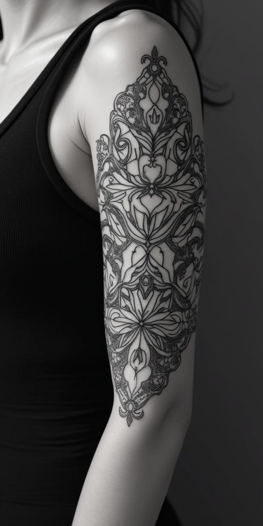 symbolic for a mother of 3, courage, family womanin ornamental tattoo style, featuring intricate symmetrical patterns and floral designs, showcasing highly detailed line work and geometric shapes, creating a sense of elegance and balance - Variation 2