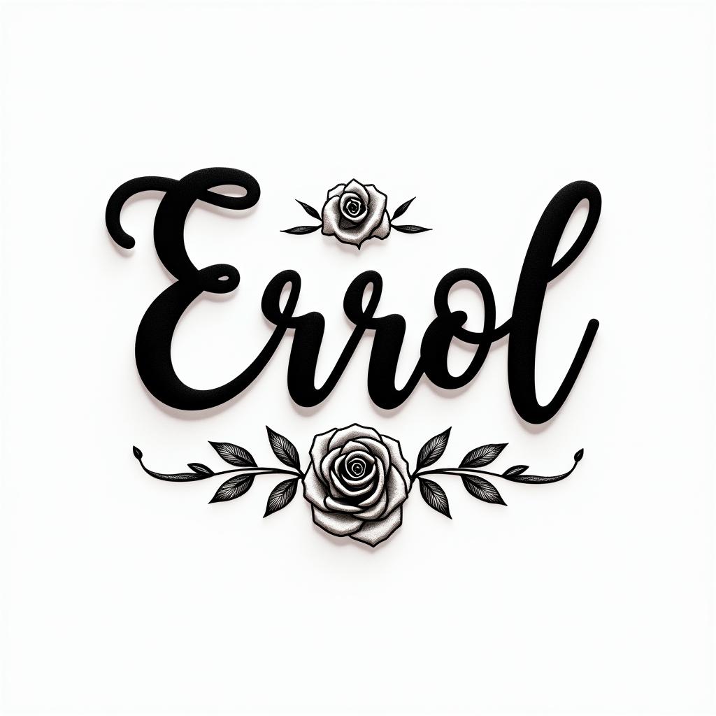 Errolin elegant cursive calligraphy style 2d tattoo, decorate with roses, featuring a smooth and flowing handwritten script with slightly thickened strokes for a luxurious and bold appearance,  heart symbol between names,  sleek and glossy black text with shadowing, minimalist matte white background, clean and sharp edges, illuminated with soft lighting, romantic, 8k, high-quality textures with refined typography - Variation 4