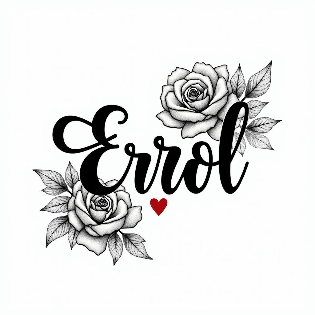 Errolin elegant cursive calligraphy style 2d tattoo, decorate with roses, featuring a smooth and flowing handwritten script with slightly thickened strokes for a luxurious and bold appearance,  heart symbol between names,  sleek and glossy black text with shadowing, minimalist matte white background, clean and sharp edges, illuminated with soft lighting, romantic, 8k, high-quality textures with refined typography - Variation 2