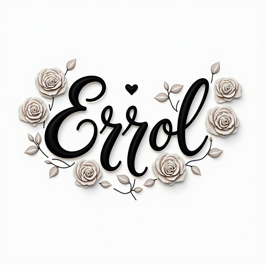 Errolin elegant cursive calligraphy style 2d tattoo, decorate with roses, featuring a smooth and flowing handwritten script with slightly thickened strokes for a luxurious and bold appearance,  heart symbol between names,  sleek and glossy black text with shadowing, minimalist matte white background, clean and sharp edges, illuminated with soft lighting, romantic, 8k, high-quality textures with refined typography - Variation 3