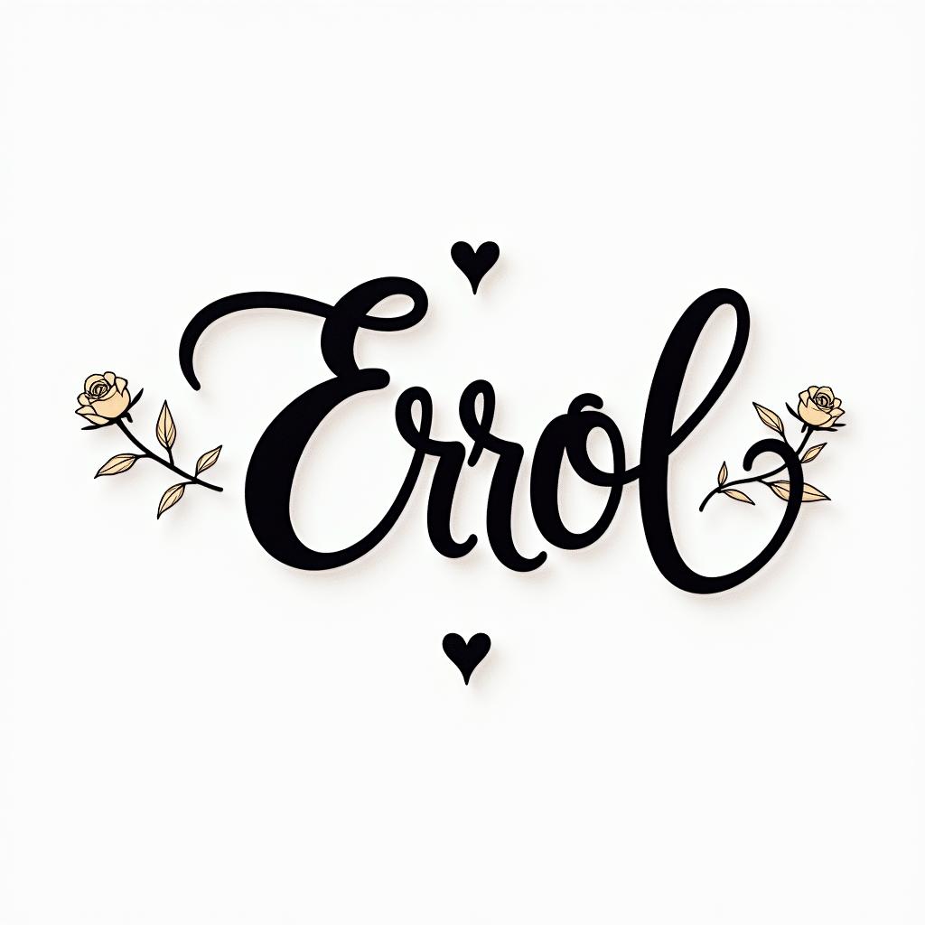Errolin elegant cursive calligraphy style 2d tattoo, decorate with roses, featuring a smooth and flowing handwritten script with slightly thickened strokes for a luxurious and bold appearance,  heart symbol between names,  sleek and glossy black text with shadowing, minimalist matte white background, clean and sharp edges, illuminated with soft lighting, romantic, 8k, high-quality textures with refined typography