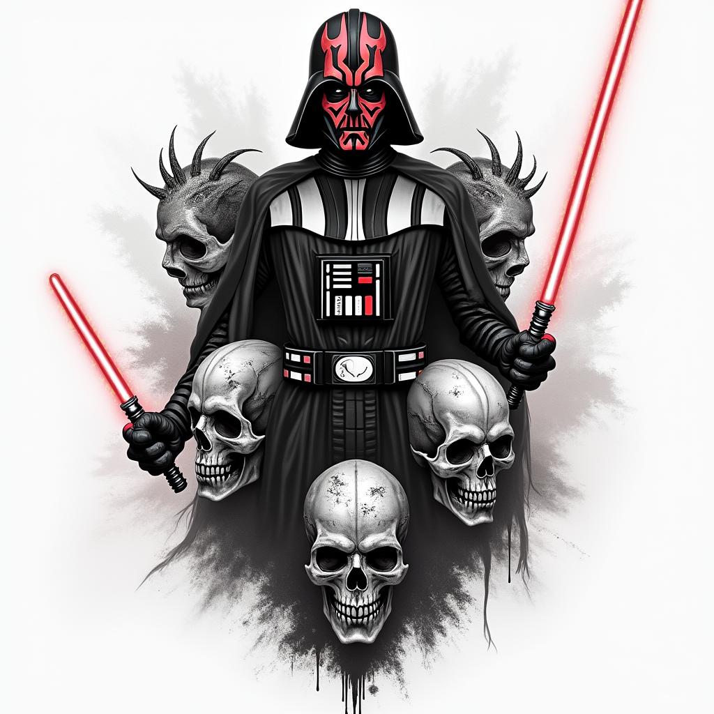 Half sleeve with Darth maul, Darth bane, Darth nihilus and Darth Vader posing with lightsabers in horror tattoo style, showcasing haunting and unsettling, dark and gritty textures with skulls, eerie faces, jgged designs, bold and intense shading - Variation 8