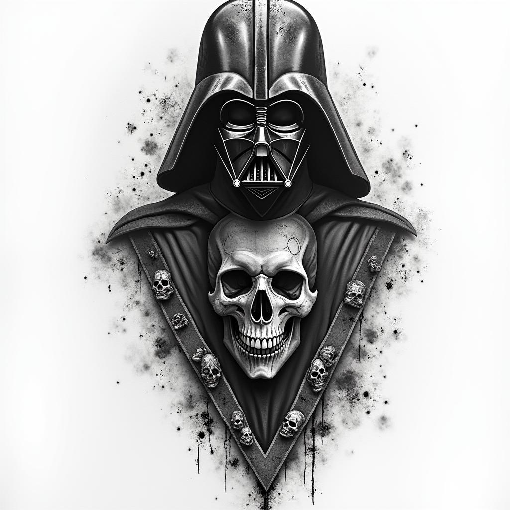 Half sleeve with Darth maul, Darth bane, Darth nihilus and Darth Vader posing with lightsabers in horror tattoo style, showcasing haunting and unsettling, dark and gritty textures with skulls, eerie faces, jgged designs, bold and intense shading - Variation 7