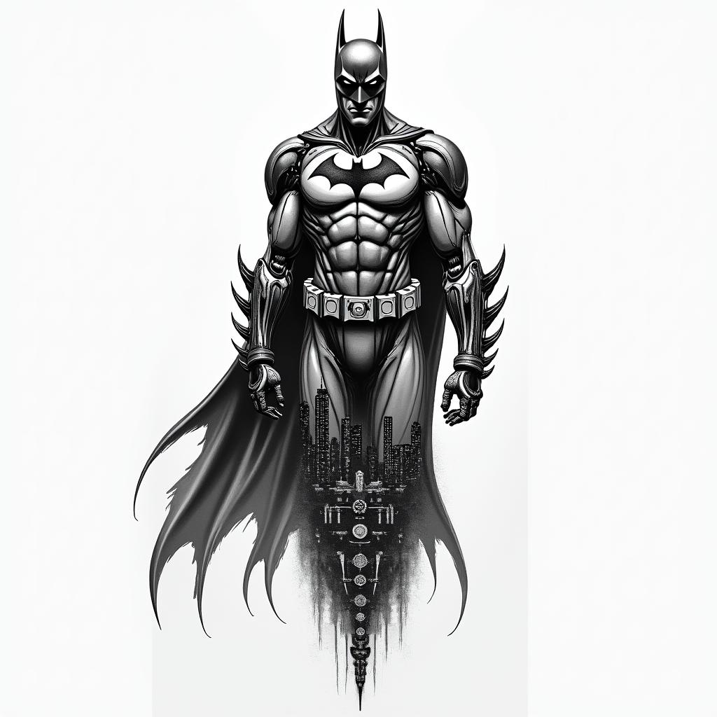 Batman silhouette against a Gotham skylinetattoo in biomechanic style, the tattoo covered by robotic elements of futuristic cyberpunk design, robotic features detail, showcasing intricate mechanical components - Variation 2