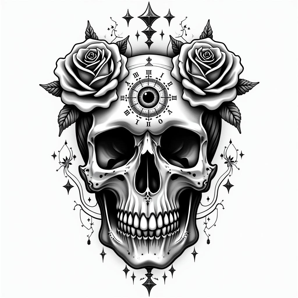 Skull with roses and clock elementsin prophecy tattoo style, featuring mystical symbols, celestial imagery like stars, moons, suns, geometric patterns, foretelling elements, an eye of wisdom - Variation 2
