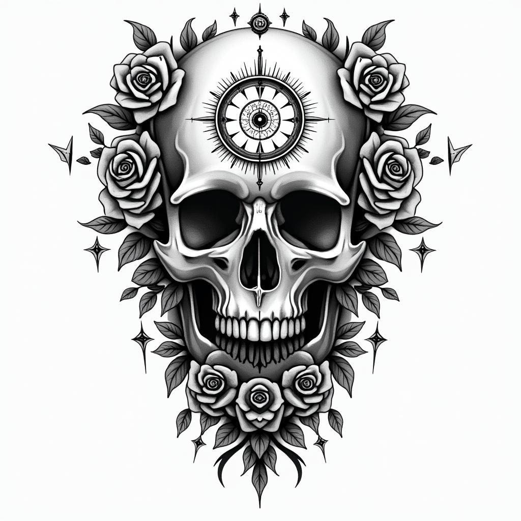 Skull with roses and clock elementsin prophecy tattoo style, featuring mystical symbols, celestial imagery like stars, moons, suns, geometric patterns, foretelling elements, an eye of wisdom - Variation 3