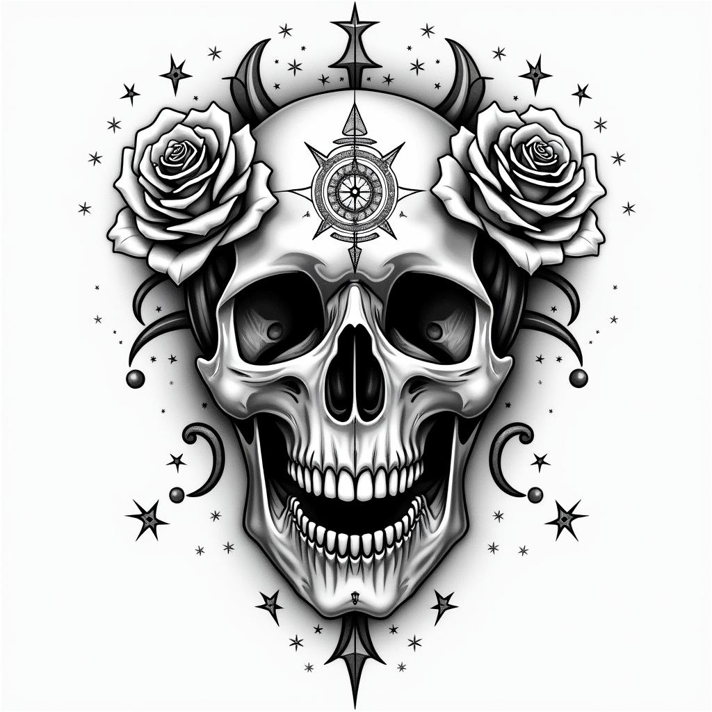 Skull with roses and clock elementsin prophecy tattoo style, featuring mystical symbols, celestial imagery like stars, moons, suns, geometric patterns, foretelling elements, an eye of wisdom - Variation 4