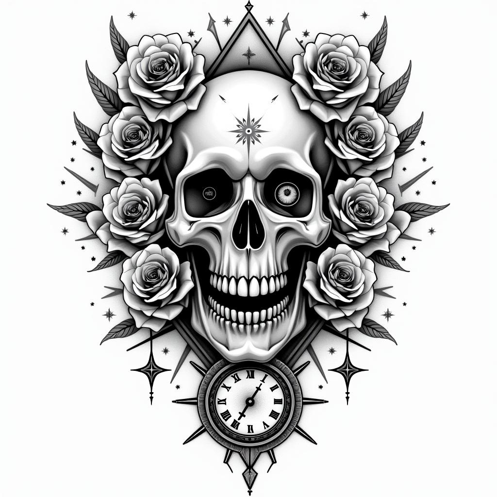 Skull with roses and clock elementsin prophecy tattoo style, featuring mystical symbols, celestial imagery like stars, moons, suns, geometric patterns, foretelling elements, an eye of wisdom - Variation 5