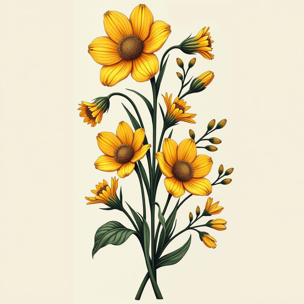 A stunning tattoo design featuring marigold and daffodils intertwined with delicate lily of the valley and vibrant larkspur, embodying a graceful floral arrangement.undefined