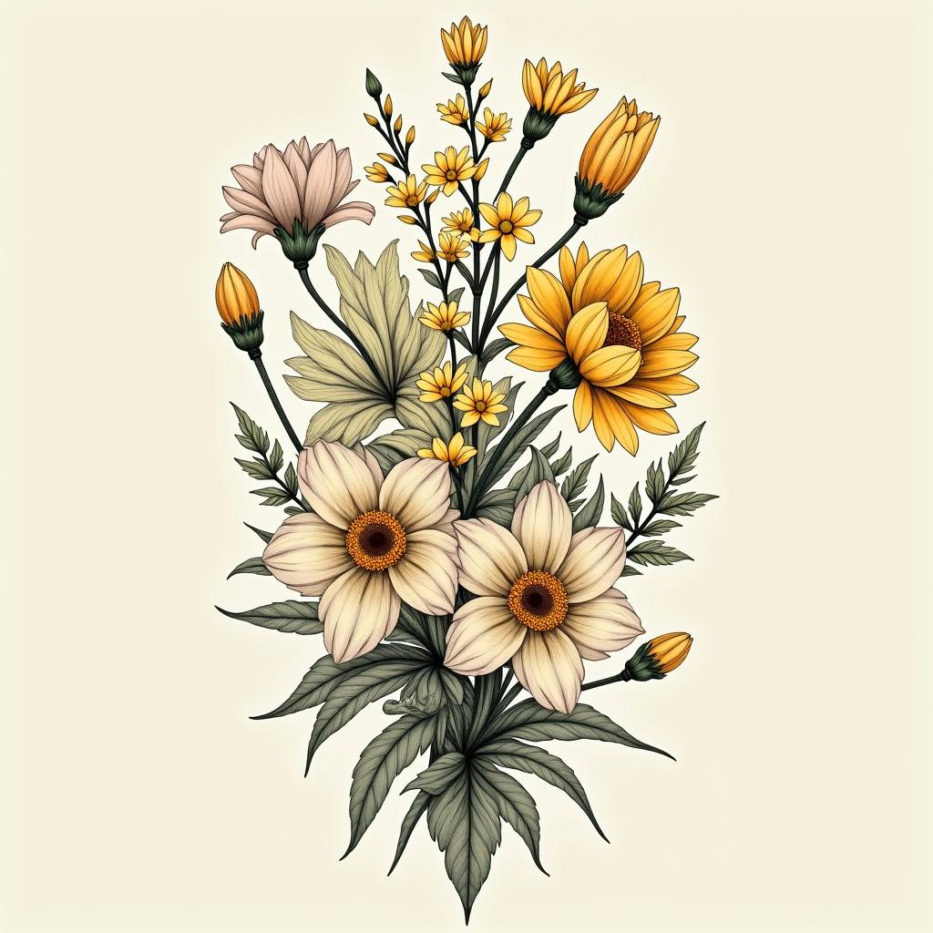 An intricate tattoo design incorporating marigolds, daffodils, and lily of the valley, beautifully surrounded by larkspur, creating an elegant floral composition.undefined