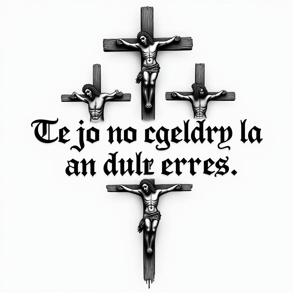 A Bible Verse with the 3 crucified mentext-based tattoo, gothic font ultra-realistic, perfectly placed, high-quality font design, photo-realistic shading, 8k, high quality, finely detailed typography - Variation 4