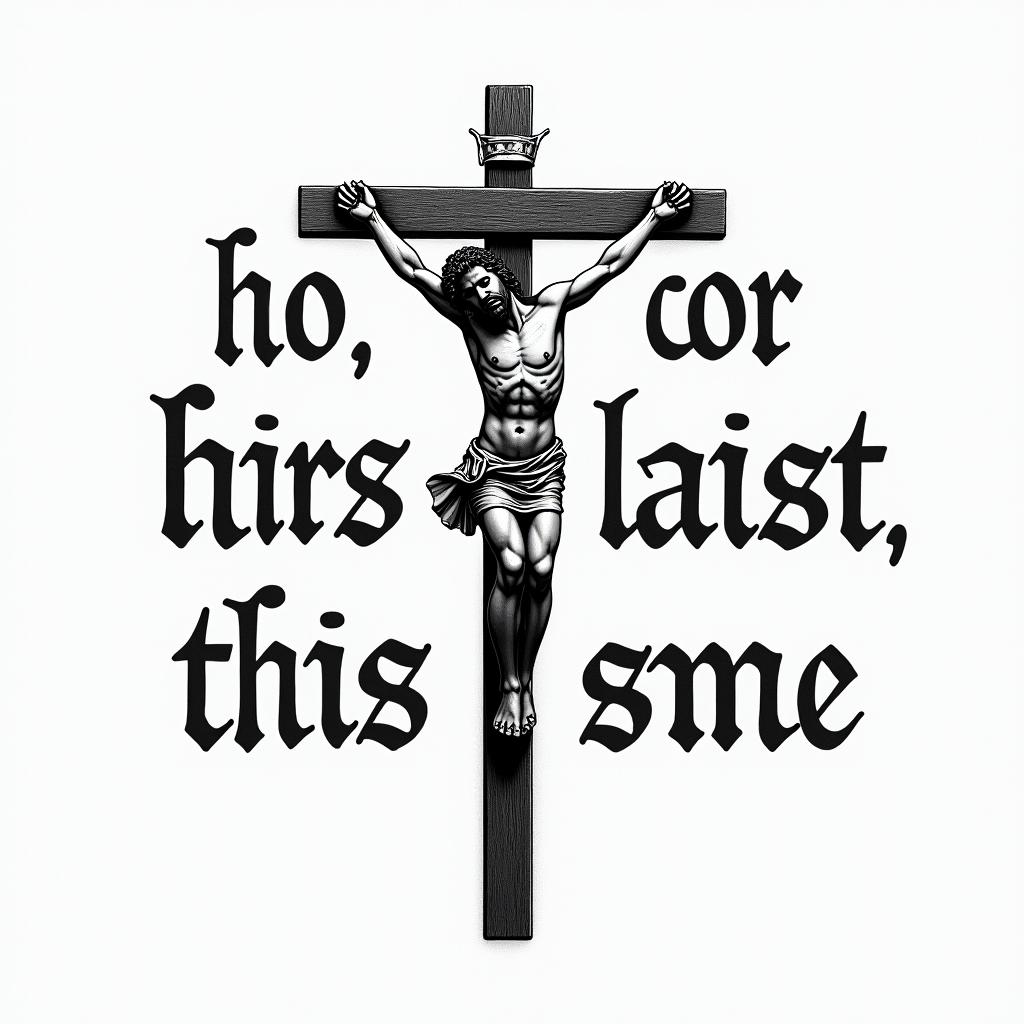 A Bible Verse with the 3 crucified mentext-based tattoo, gothic font ultra-realistic, perfectly placed, high-quality font design, photo-realistic shading, 8k, high quality, finely detailed typography - Variation 2