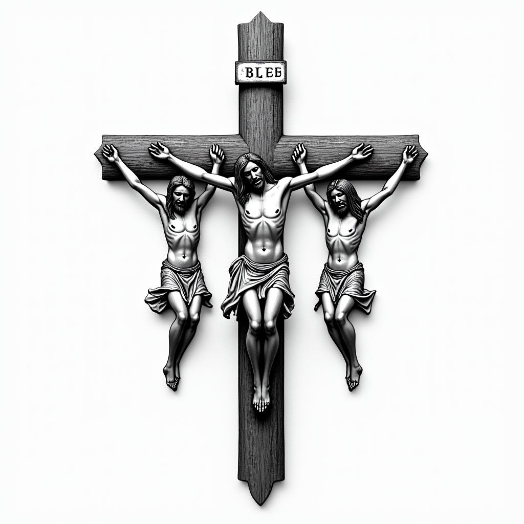 A Bible Verse with the 3 crucified mentext-based tattoo, gothic font ultra-realistic, perfectly placed, high-quality font design, photo-realistic shading, 8k, high quality, finely detailed typography
