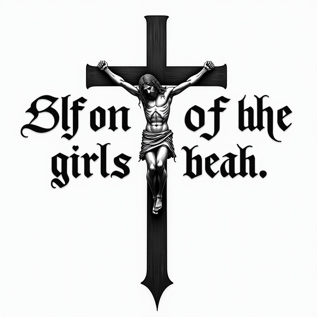 A Bible Verse with the 3 crucified mentext-based tattoo, gothic font ultra-realistic, perfectly placed, high-quality font design, photo-realistic shading, 8k, high quality, finely detailed typography - Variation 3