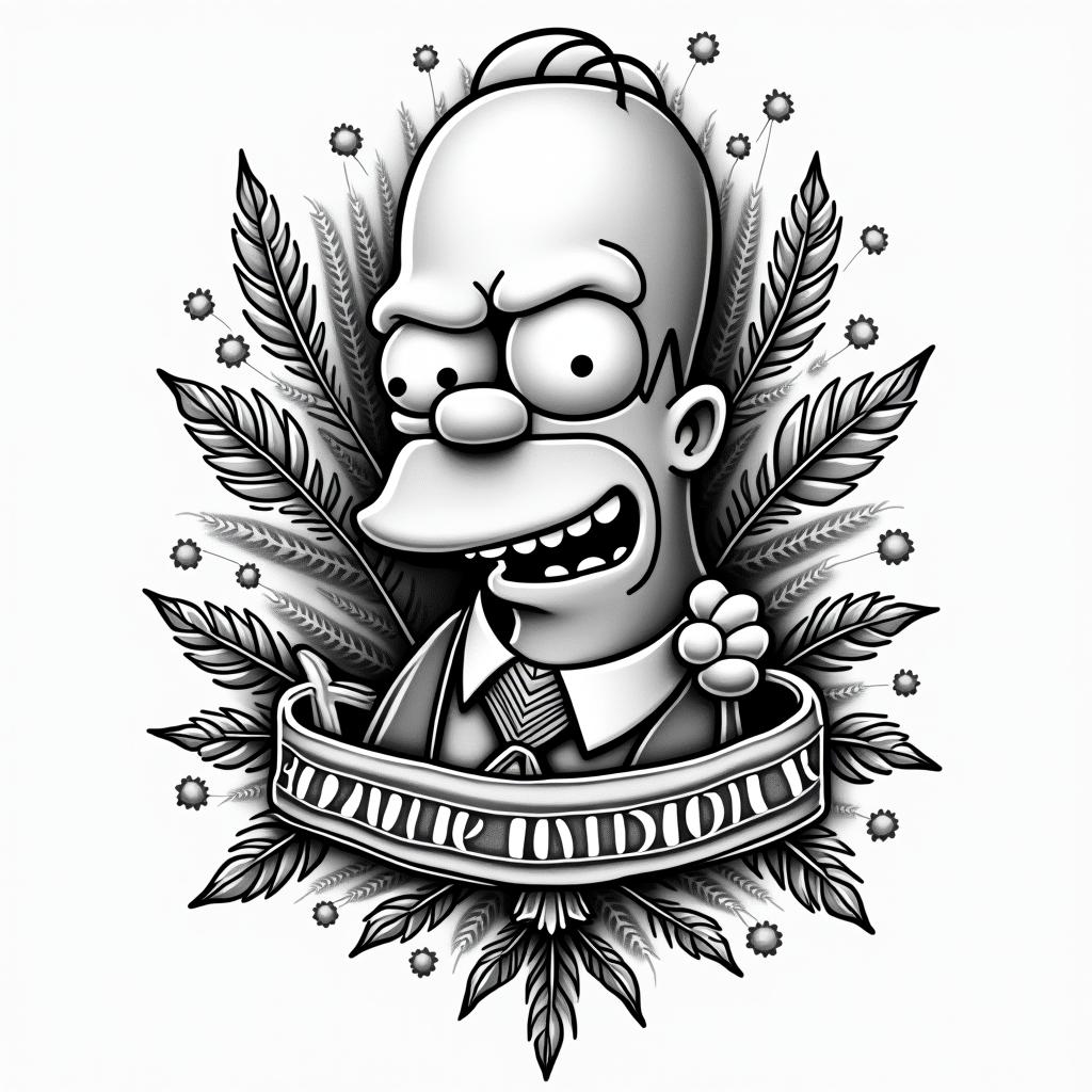 Tattoo that represents money and fortune and features characters from The Simpsons.in authentic tattoo style, incorporating traditional modifications, bold black outlines, solid color fills, featuring classic authentic elements - Variation 1