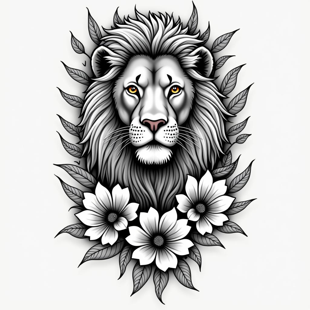 A powerful and loving tattoo design featuring a majestic lion representing strength and protection, surrounded by the names Jaylen, Londyn, and Sydney intricately woven into the design. The lion should embody the traits of a Leo, reflecting warmth and kindness. Include elements that symbolize a mother's bond and love, capturing both the essence of motherhood and the memory of a father, perhaps with subtle floral accents to enhance the connection to family.higly detailed tattoo - Variation 3