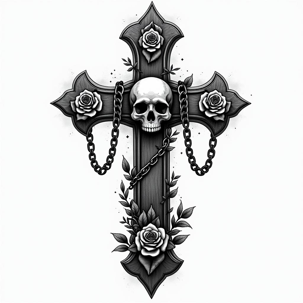Aaronin chicano style tattoo, featuring intricate black and grey shading, bold elements of traditional chicano culture symbols, add a big cross with skull, chains and roses - Variation 3