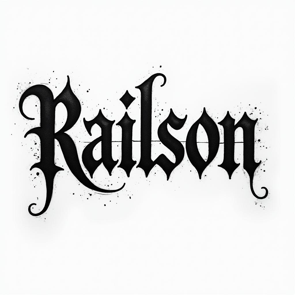 Railsontext-based tattoo, gothic font ultra-realistic, perfectly placed, high-quality font design, photo-realistic shading, 8k, high quality, finely detailed typography