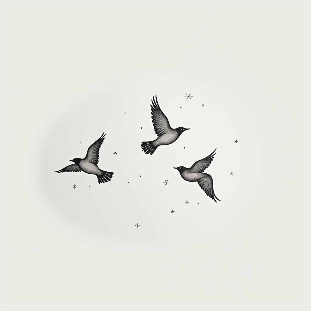 Minimalistic birds flying on my shoulder bladein minimalist style tattoo, featuring simple shapes and fine lines, with minimal shading and details, tiny triangles, creating a sense of balance and harmony
