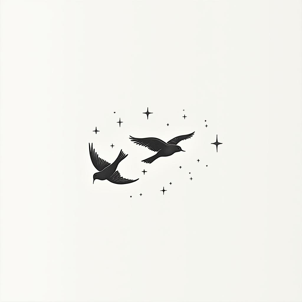Minimalistic birds flying on my shoulder bladein minimalist style tattoo, featuring simple shapes and fine lines, with minimal shading and details, tiny triangles, creating a sense of balance and harmony - Variation 3