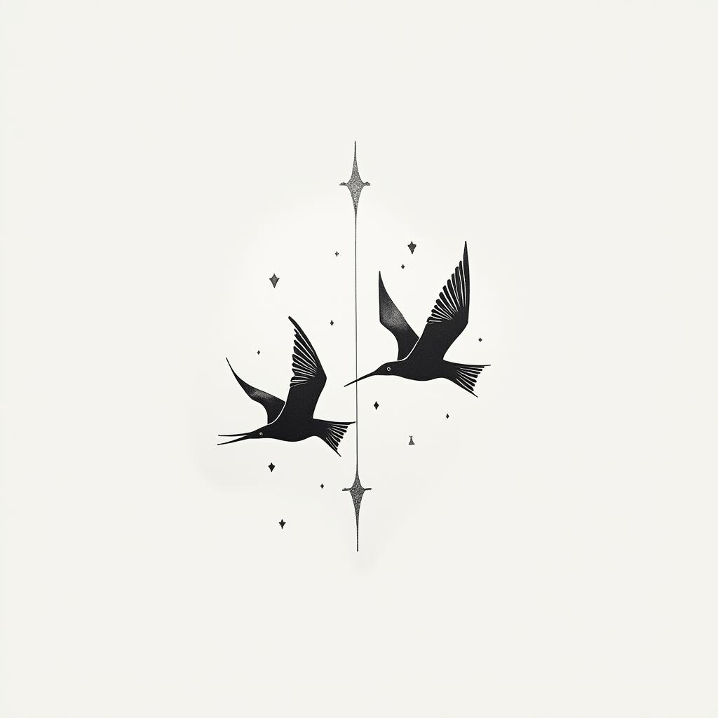 Minimalistic birds flying on my shoulder bladein minimalist style tattoo, featuring simple shapes and fine lines, with minimal shading and details, tiny triangles, creating a sense of balance and harmony - Variation 2