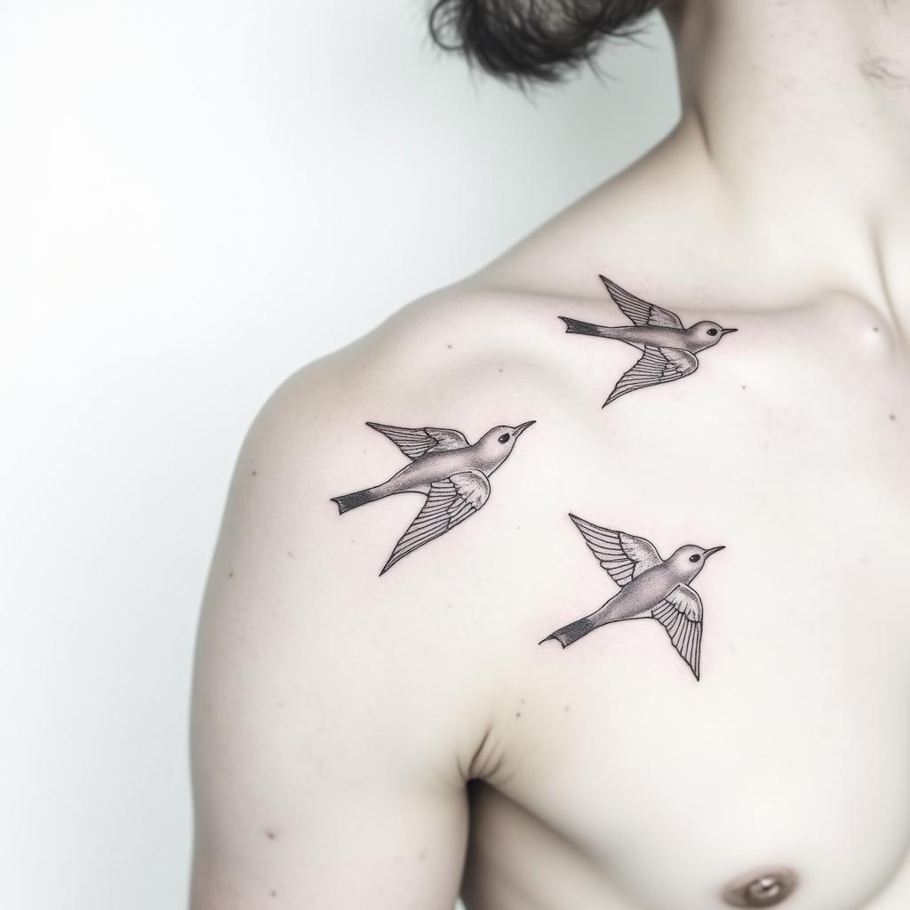 Minimalistic birds flying on my shoulder bladein minimalist style tattoo, featuring simple shapes and fine lines, with minimal shading and details, tiny triangles, creating a sense of balance and harmony - Variation 4