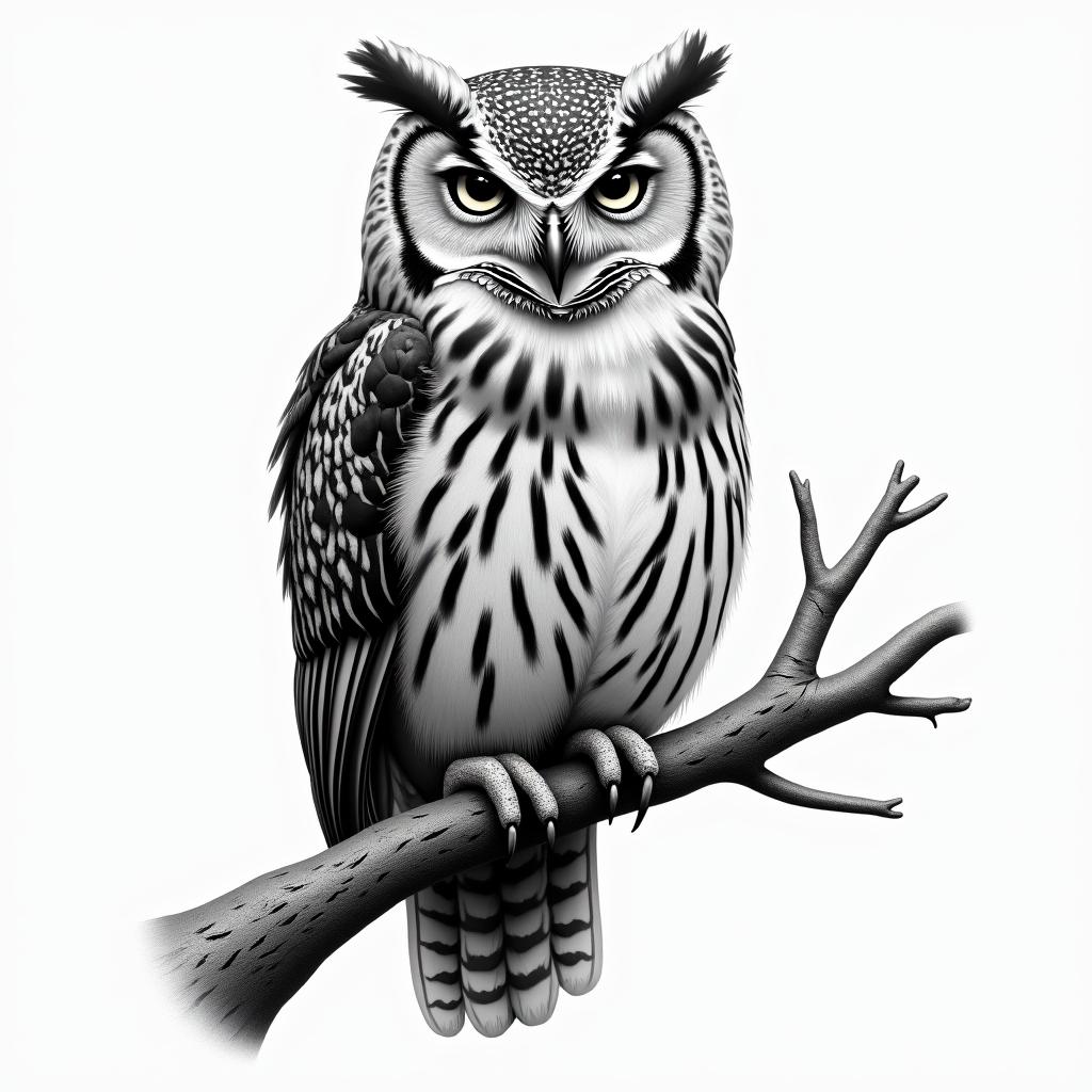 owl on a branchin realism tattoo style, featuring a highly detailed, lifelike, capturing every detail, photorealistic, ultra realistic, intricate shading, smooth and sharp, - Variation 8