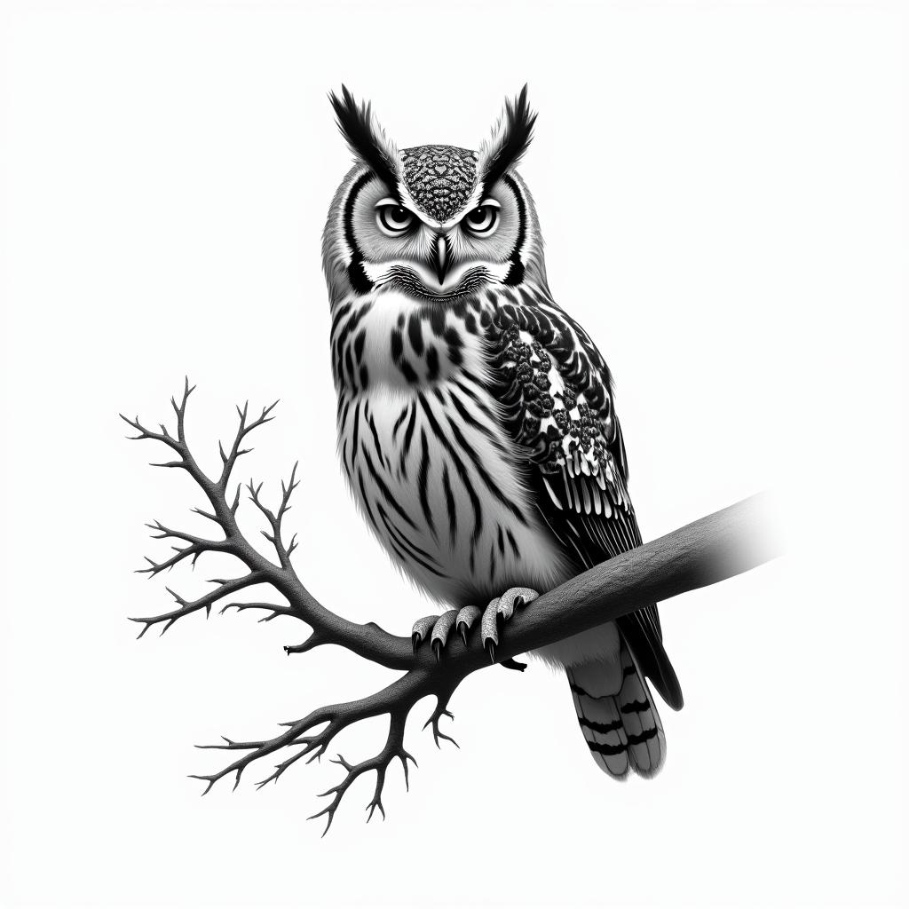 owl on a branchin realism tattoo style, featuring a highly detailed, lifelike, capturing every detail, photorealistic, ultra realistic, intricate shading, smooth and sharp, - Variation 7