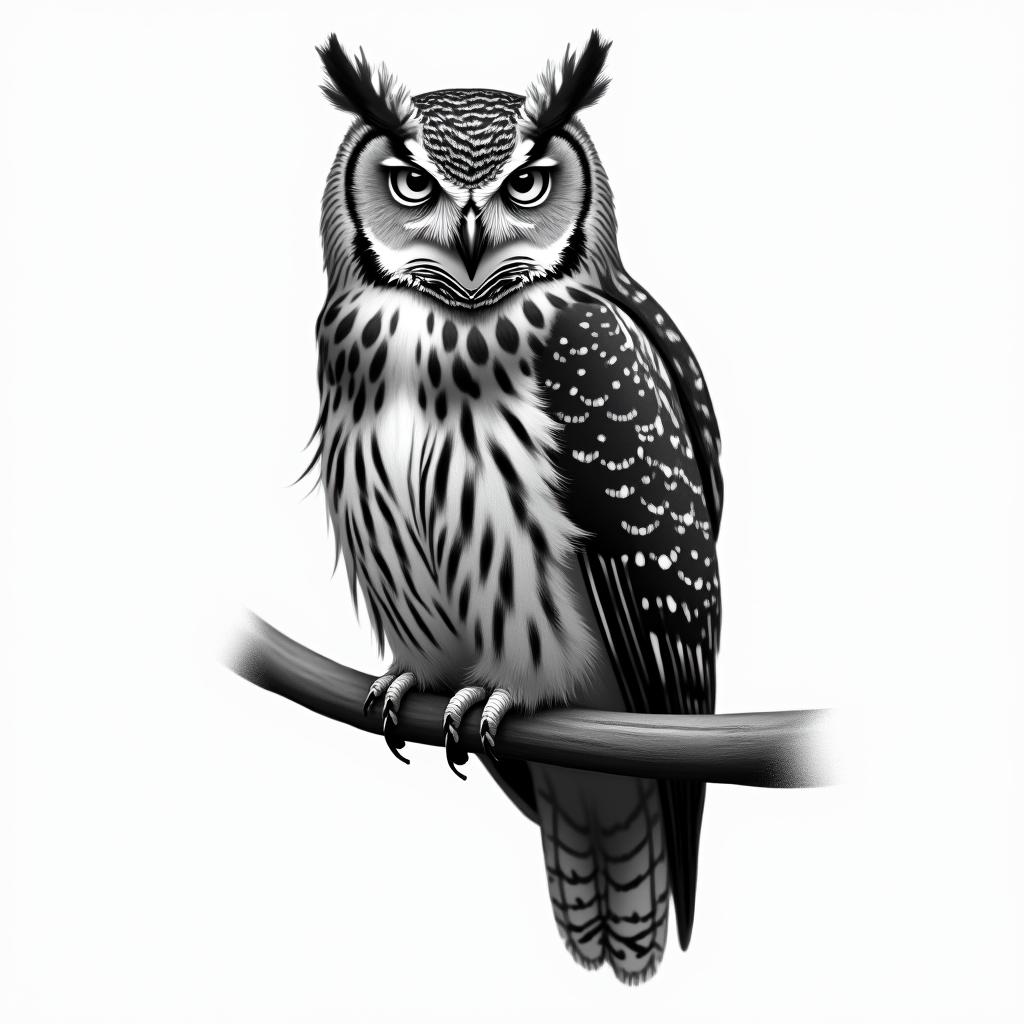 owl on a branchin realism tattoo style, featuring a highly detailed, lifelike, capturing every detail, photorealistic, ultra realistic, intricate shading, smooth and sharp, - Variation 6