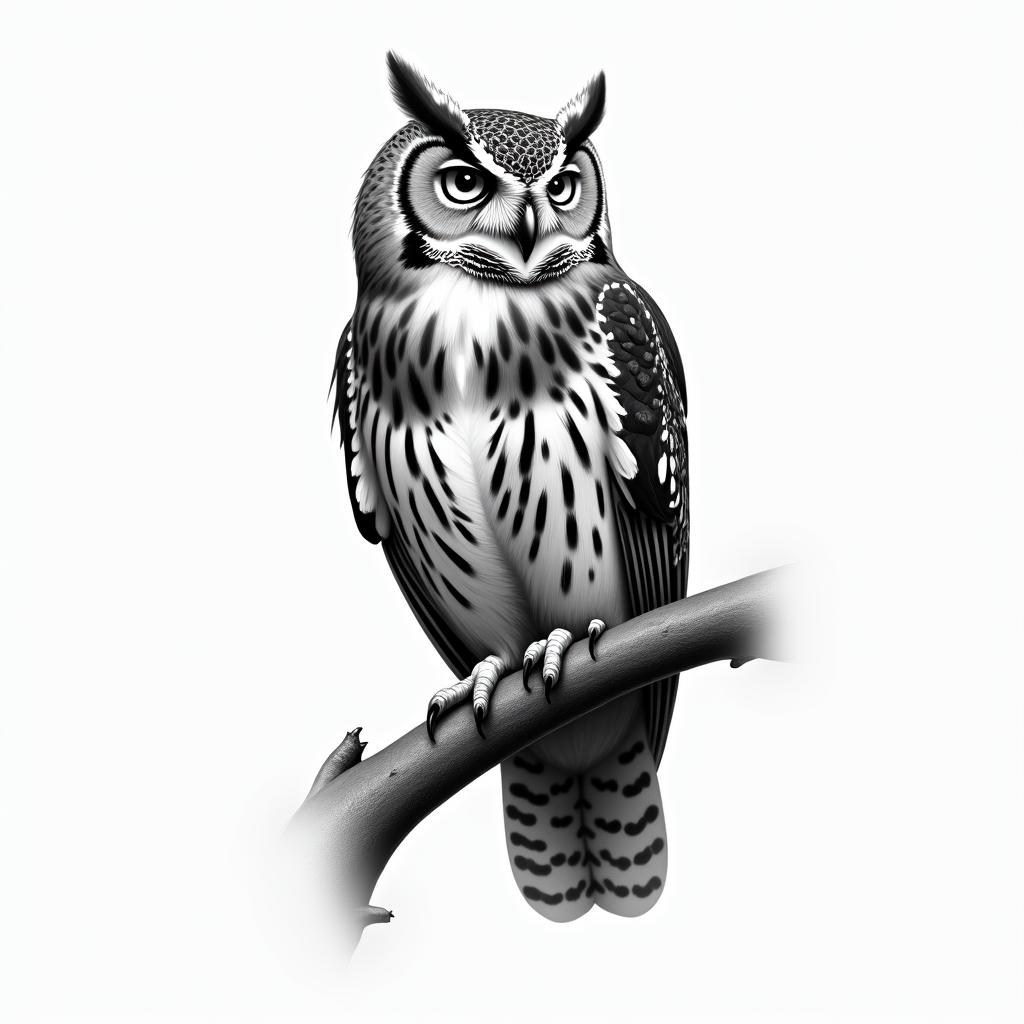 owl on a branchin realism tattoo style, featuring a highly detailed, lifelike, capturing every detail, photorealistic, ultra realistic, intricate shading, smooth and sharp, - Variation 5