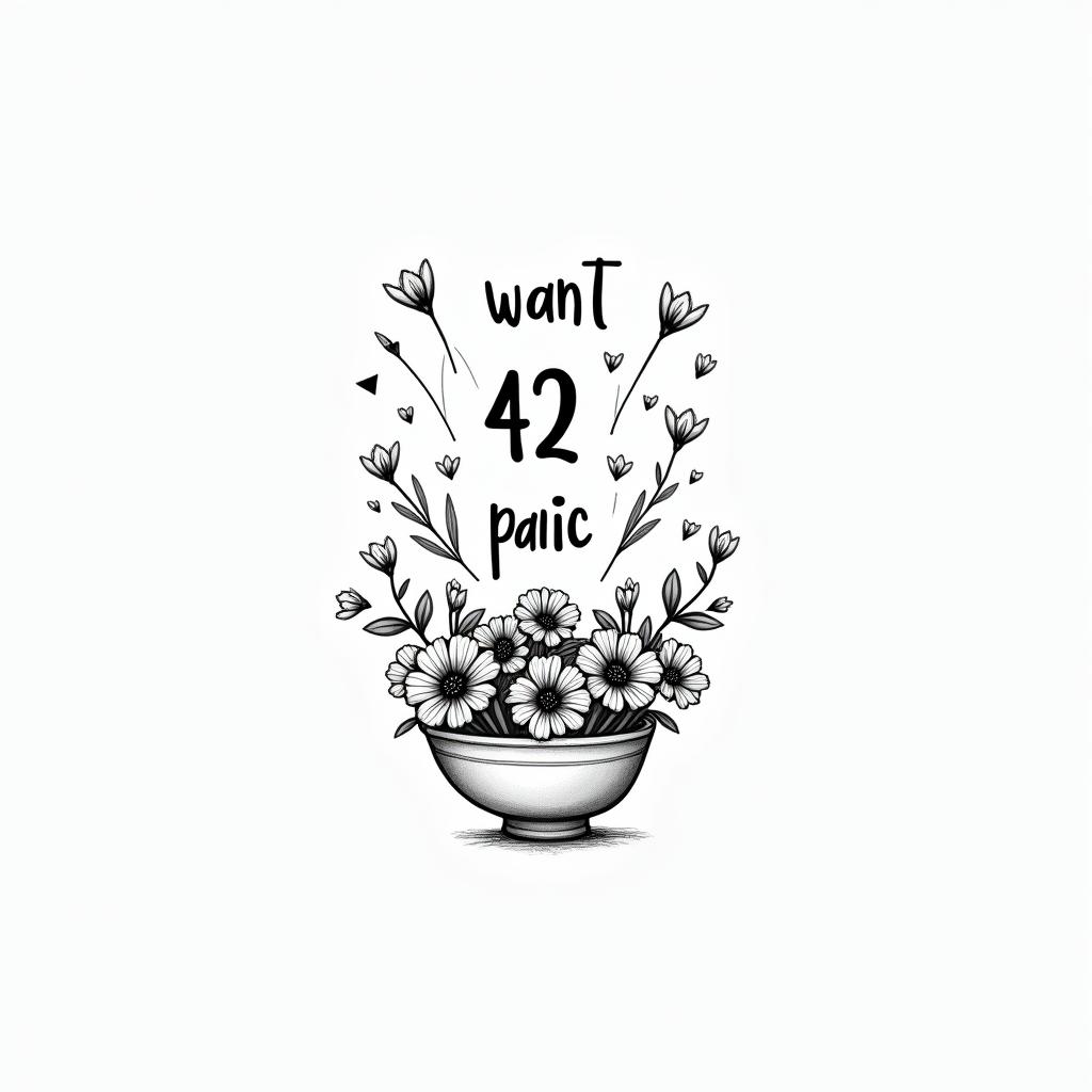 I want the number 42 the words don’t panic and a bowl of petuniasin minimalist style tattoo, featuring simple shapes and fine lines, with minimal shading and details, tiny triangles, creating a sense of balance and harmony - Variation 3