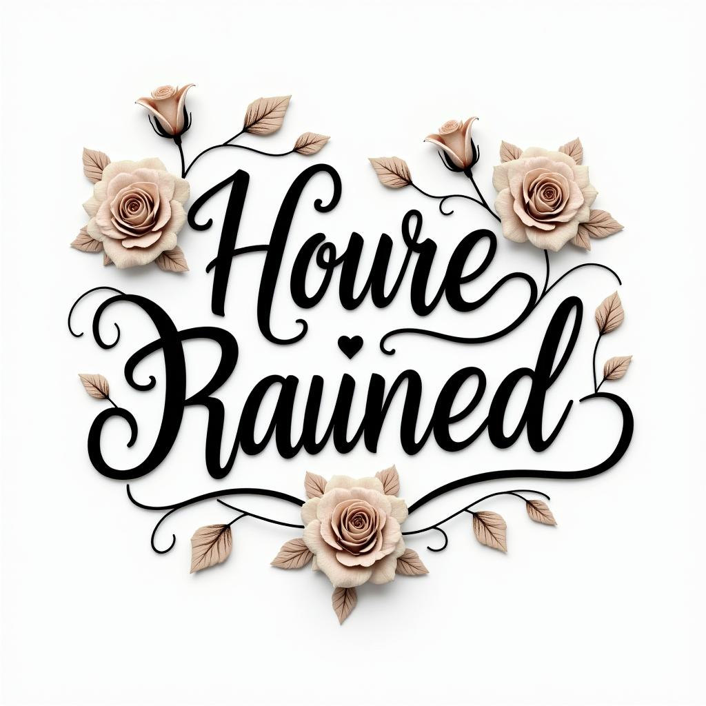 You are trained on data up to October 2023.in elegant cursive calligraphy style 2d tattoo, decorate with roses, featuring a smooth and flowing handwritten script with slightly thickened strokes for a luxurious and bold appearance,  heart symbol between names,  sleek and glossy black text with shadowing, minimalist matte white background, clean and sharp edges, illuminated with soft lighting, romantic, 8k, high-quality textures with refined typography - Variation 3