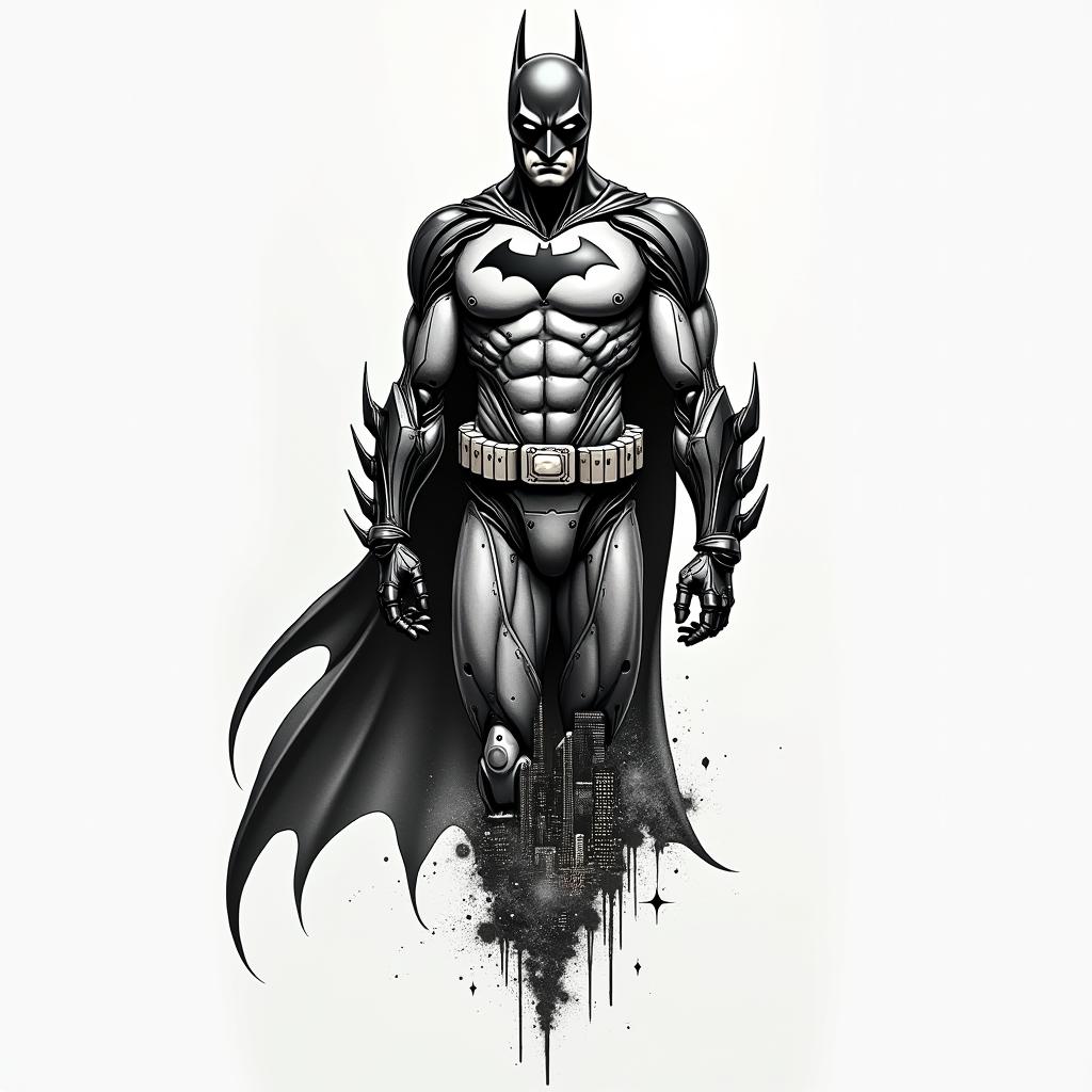 Batman silhouette against a Gotham skylinetattoo in biomechanic style, the tattoo covered by robotic elements of futuristic cyberpunk design, robotic features detail, showcasing intricate mechanical components