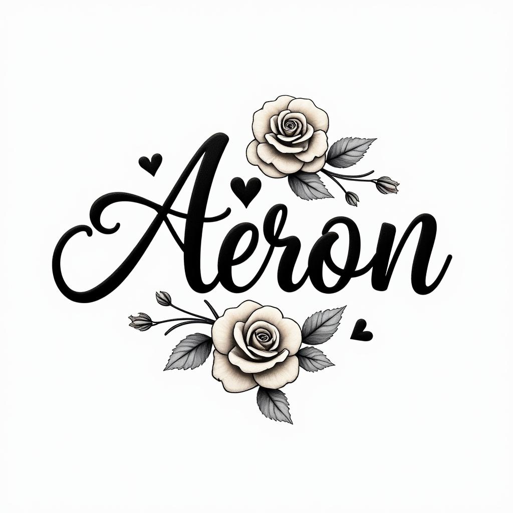Aaronin elegant cursive calligraphy style 2d tattoo, decorate with roses, featuring a smooth and flowing handwritten script with slightly thickened strokes for a luxurious and bold appearance,  heart symbol between names,  sleek and glossy black text with shadowing, minimalist matte white background, clean and sharp edges, illuminated with soft lighting, romantic, 8k, high-quality textures with refined typography - Variation 2