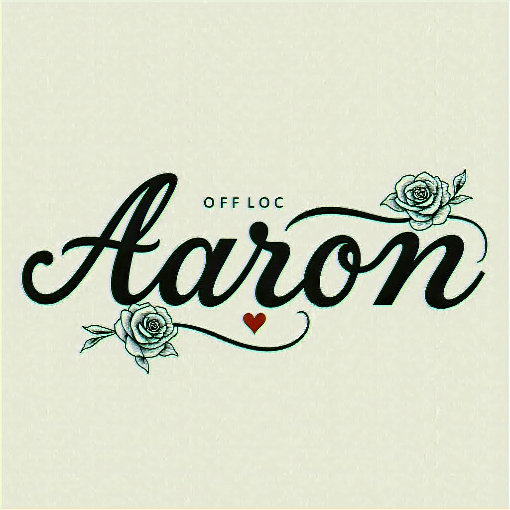 Aaronin elegant cursive calligraphy style 2d tattoo, decorate with roses, featuring a smooth and flowing handwritten script with slightly thickened strokes for a luxurious and bold appearance,  heart symbol between names,  sleek and glossy black text with shadowing, minimalist matte white background, clean and sharp edges, illuminated with soft lighting, romantic, 8k, high-quality textures with refined typography - Variation 4