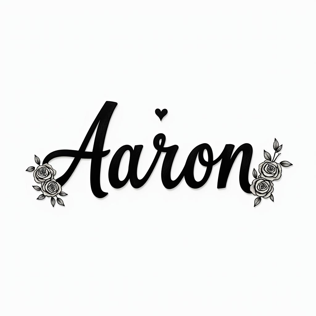 Aaronin elegant cursive calligraphy style 2d tattoo, decorate with roses, featuring a smooth and flowing handwritten script with slightly thickened strokes for a luxurious and bold appearance,  heart symbol between names,  sleek and glossy black text with shadowing, minimalist matte white background, clean and sharp edges, illuminated with soft lighting, romantic, 8k, high-quality textures with refined typography