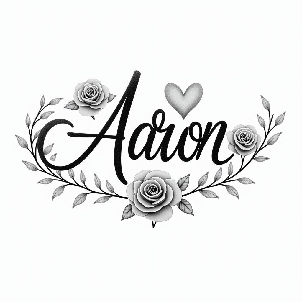 Aaronin elegant cursive calligraphy style 2d tattoo, decorate with roses, featuring a smooth and flowing handwritten script with slightly thickened strokes for a luxurious and bold appearance,  heart symbol between names,  sleek and glossy black text with shadowing, minimalist matte white background, clean and sharp edges, illuminated with soft lighting, romantic, 8k, high-quality textures with refined typography - Variation 3