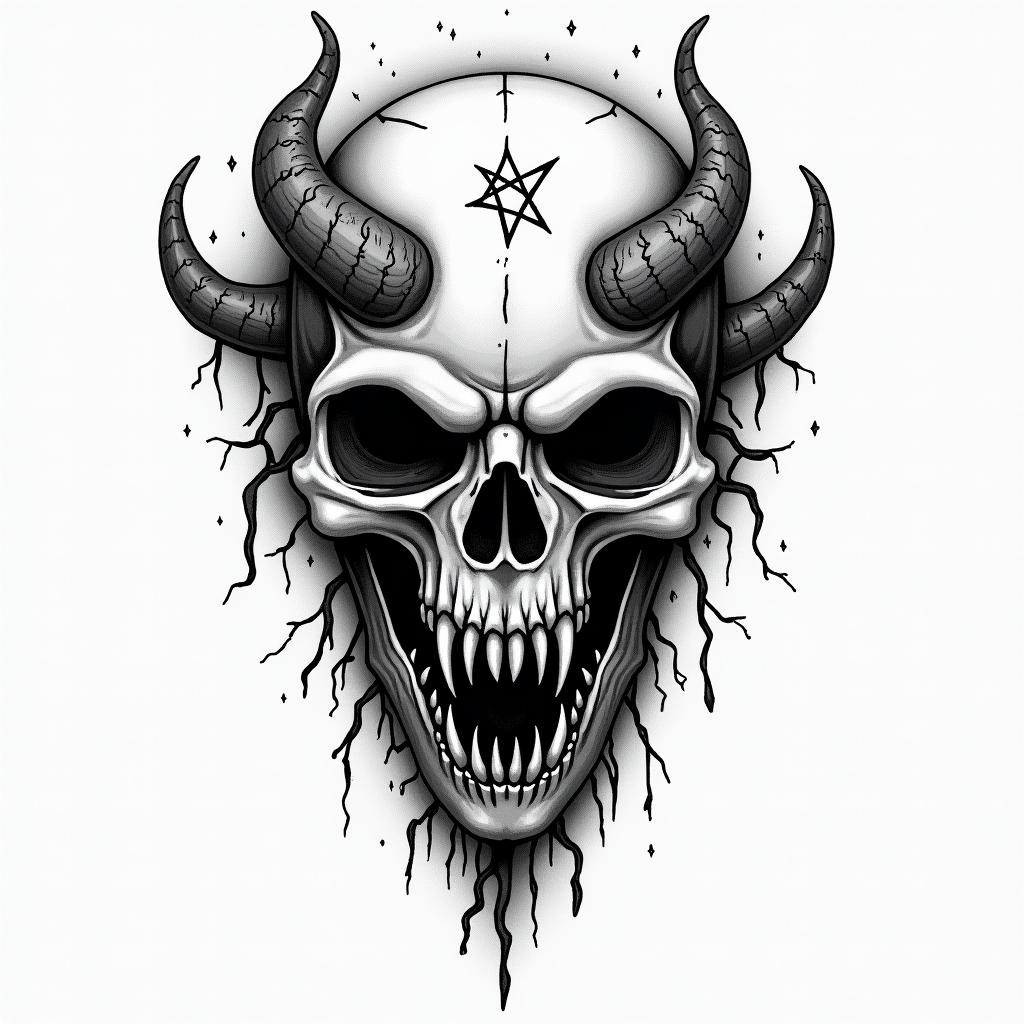 Leo sign, year 1998creepy horror tattoo style, featuring an eerie and unsettling skull of a demonic creature, distorted face with sharp fangs, add pentagram symbol - Variation 4