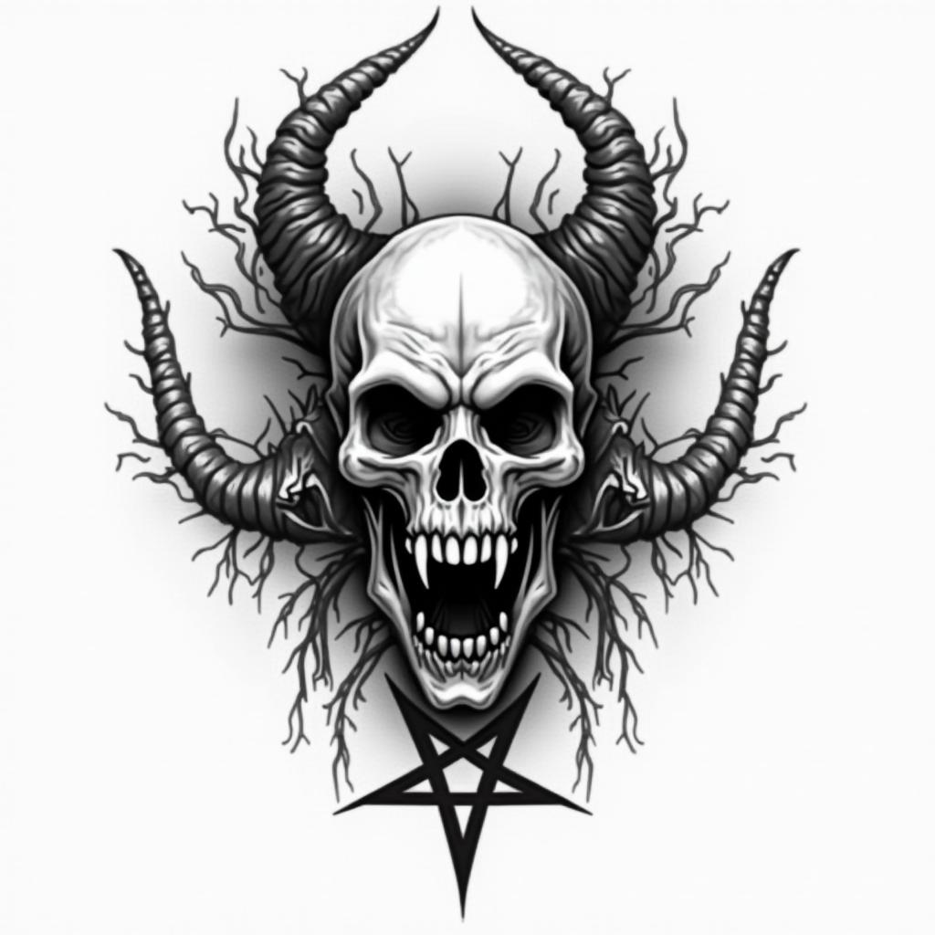 Leo sign, year 1998creepy horror tattoo style, featuring an eerie and unsettling skull of a demonic creature, distorted face with sharp fangs, add pentagram symbol - Variation 1