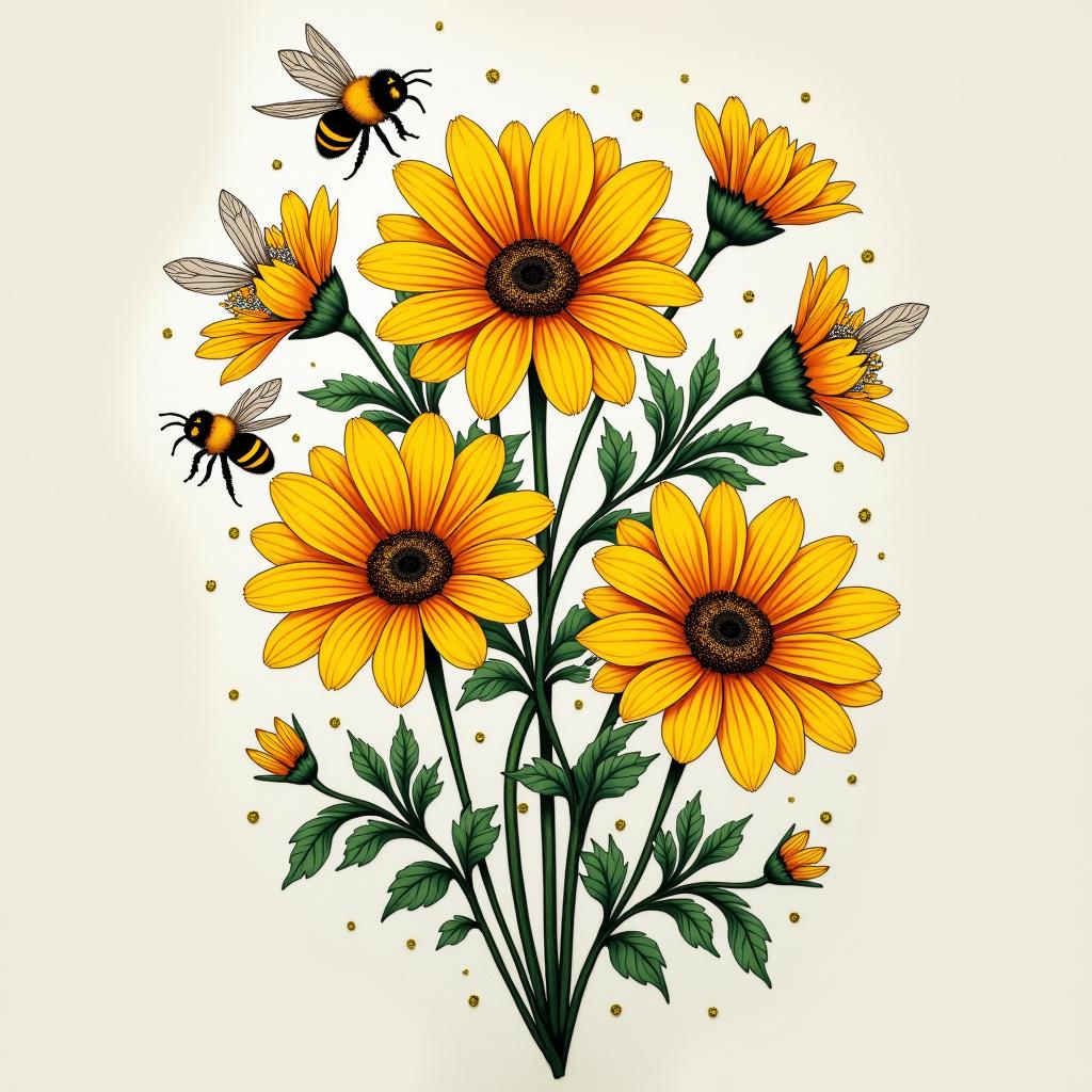 A tattoo design showcasing vibrant marigolds with daffodils, lily of the valley, and larkspur, accompanied by bees for a lively touch.undefined