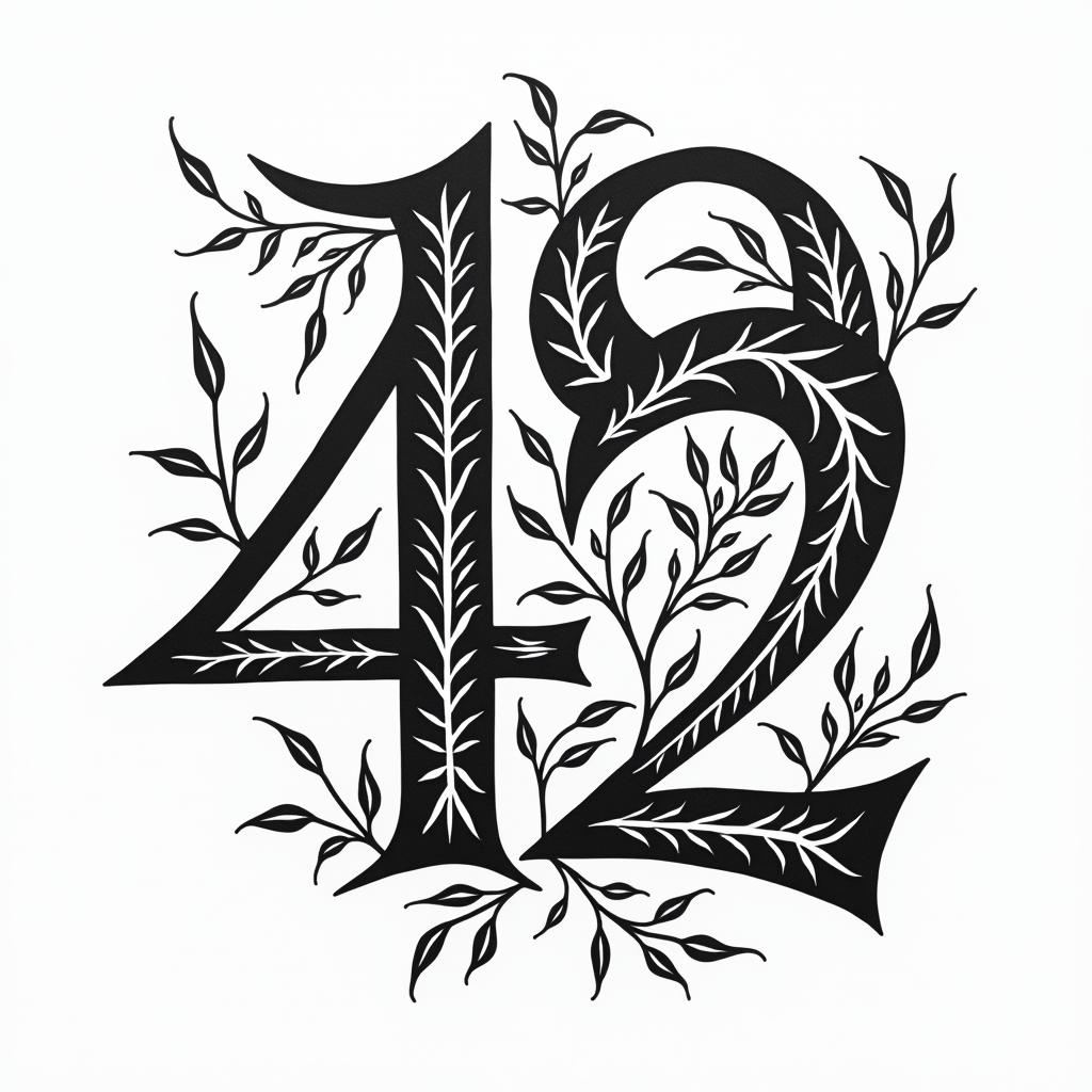 I want the number 42 the words don’t panic and a bowl of petuniasin tribal tattoo style, featuring bold and black geometric shapes, curved lines, intertwine and flow seamlessly, creating a powerful and symbolic design, polynesian and maori styles - Variation 2