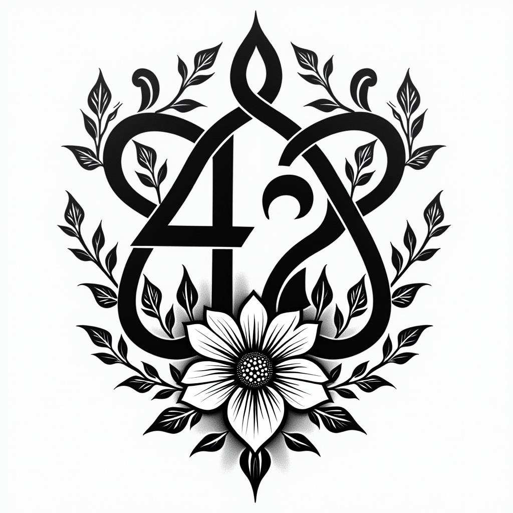 I want the number 42 the words don’t panic and a bowl of petuniasin tribal tattoo style, featuring bold and black geometric shapes, curved lines, intertwine and flow seamlessly, creating a powerful and symbolic design, polynesian and maori styles - Variation 3