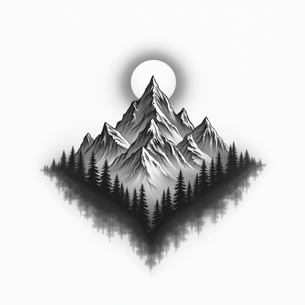 Mountain range with a rising sunhigly detailed tattoo - Variation 10