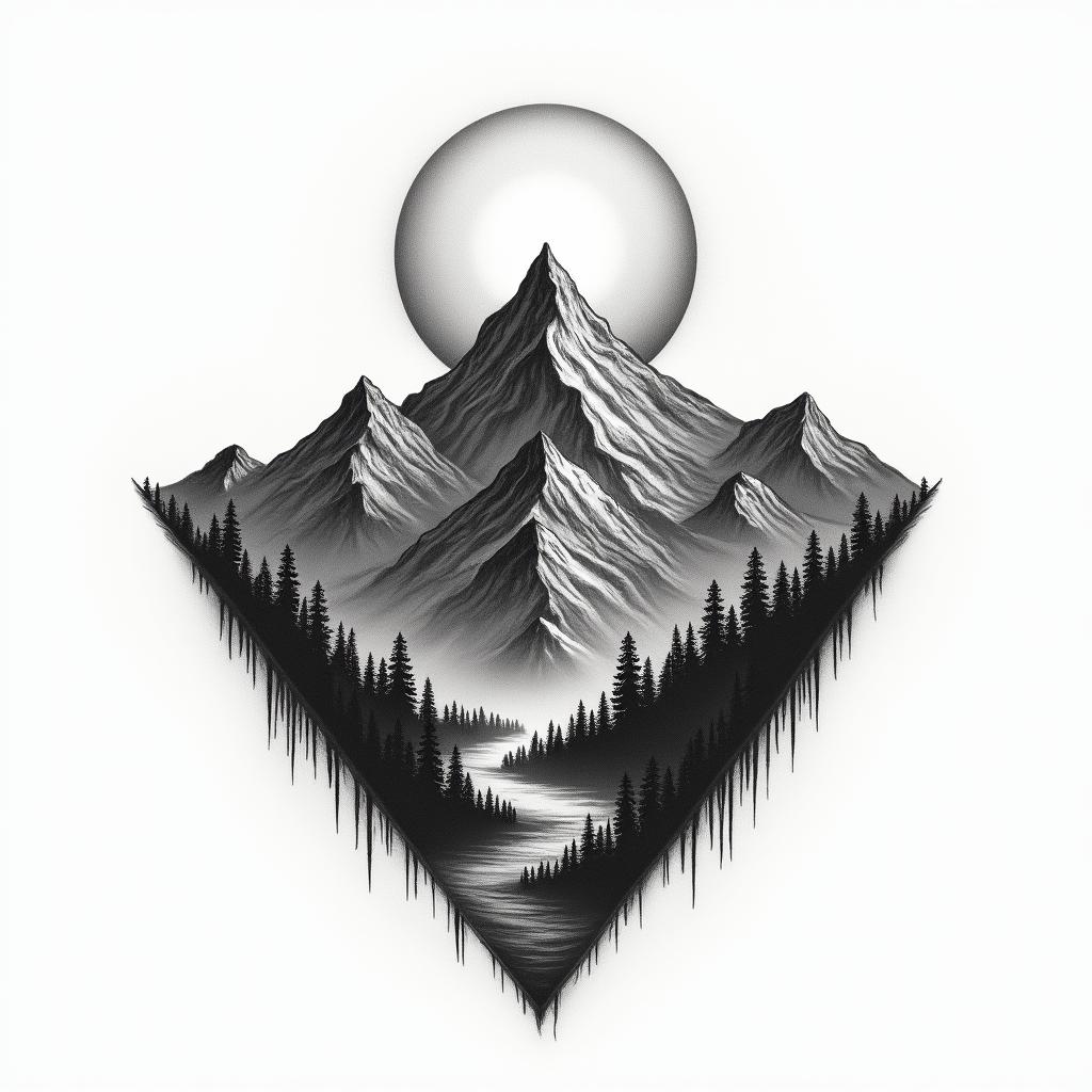 Mountain range with a rising sunhigly detailed tattoo - Variation 11